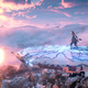 A very pretty sunrise in Horizon Forbidden West, viewed from the top of a Tall-Neck.